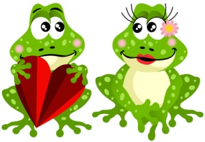 Cute frog couple holding red heart
